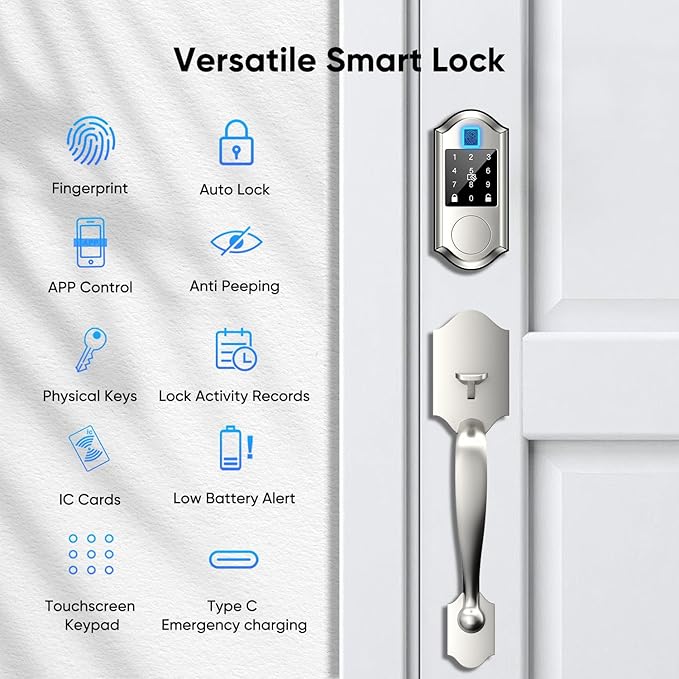 Fingerprint Smart Front Door Lock Set, Keyless Entry Door Lock with Handle, Smart Locks for Front Door, Keypad Deadbolt with Handle, APP Control, Touchscreen Keypad, Auto Locking, Satin Nickel