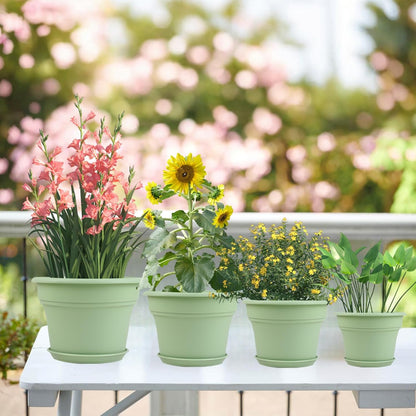 11 Inch Plastic-Flower-Pot-for-Indoor-Plants, 4 Pack Large Outdoor Planter Pot with Drainage Holes & Saucers, Resin Decorative Garden Pots Planters