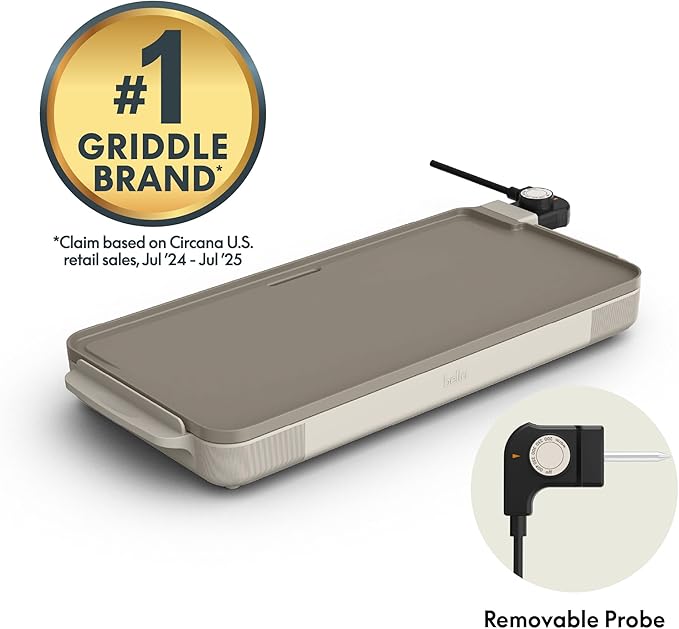 bella 10" x 20" Electric Griddle with EverGood™ Ceramic Nonstick Coating, Removable Temperature Probe, Dishwasher-Safe Drip Tray & Cool Touch Handles, Cook up to 10 Eggs, 1500 Watt, Oatmilk