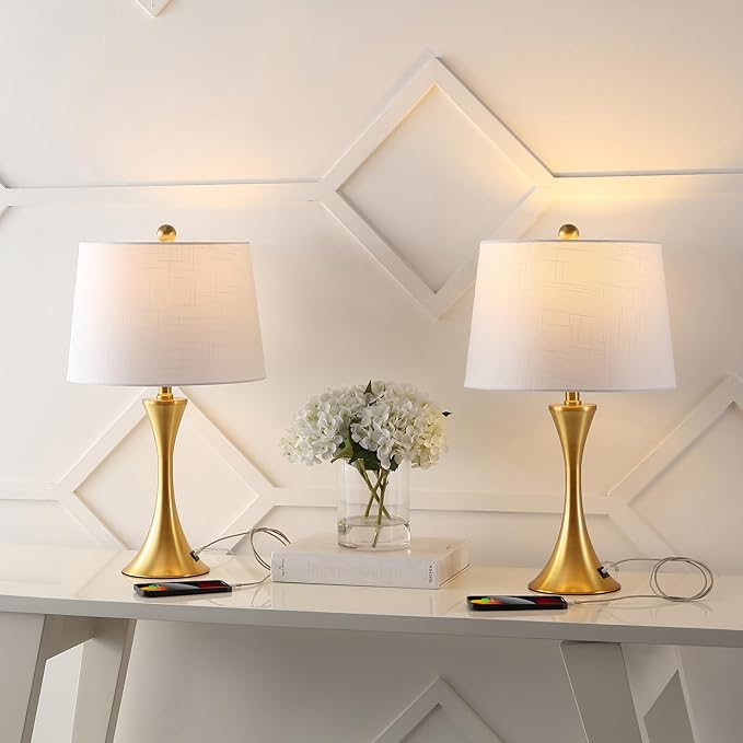 JONATHAN Y 22.75" Brass Gold Modern Hourglass LED Table Lamp Set of 2 with USB Port, Metal Bedside Lamps for Living Room Bedroom, White Linen Shade JYL6621A-SET2