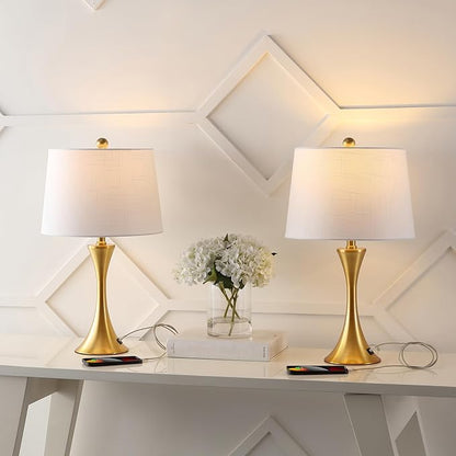 JONATHAN Y 22.75" Brass Gold Modern Hourglass LED Table Lamp Set of 2 with USB Port, Metal Bedside Lamps for Living Room Bedroom, White Linen Shade JYL6621A-SET2