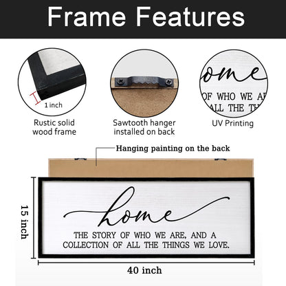Home is the Story of Who We Are & a Collection of all the Things we Love Sign Framed Wall Art, 40''×15'' Rustic Horizontal Family Quote Wood Sign, Farmhouse Long Home Plaque Wall Decor