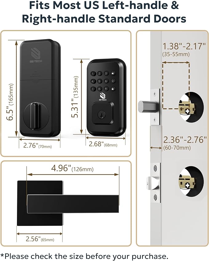 BE-TECH Keyless Entry Smart Door Lock with 2 Lever Handles, Electronic Front Door Locks Set, Digital Keypad Deadbolt, Auto Lock, One Time Codes, Anti Peeping Code, Easy Installation, Black