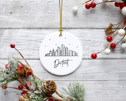 Andaz Press Round Ceramic Porcelain Christmas Tree Ornament Keepsake, Detroit Black and White Stars City Skyline Graphic, 1-Pack, Birthday Gift Idea for Family, Coworker, Him, Her, Includes Gift Box
