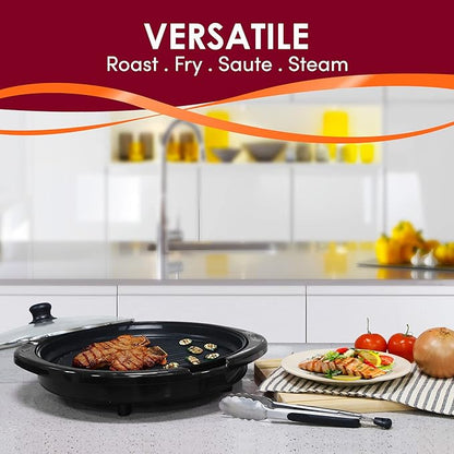 Elite Gourmet EMG-980BX Large Indoor Electric Round Nonstick Grill Cool Touch Fast Heat Up Ideal Low-Fat Meals Dishwasher Safe Includes Glass Lid, 14", Black