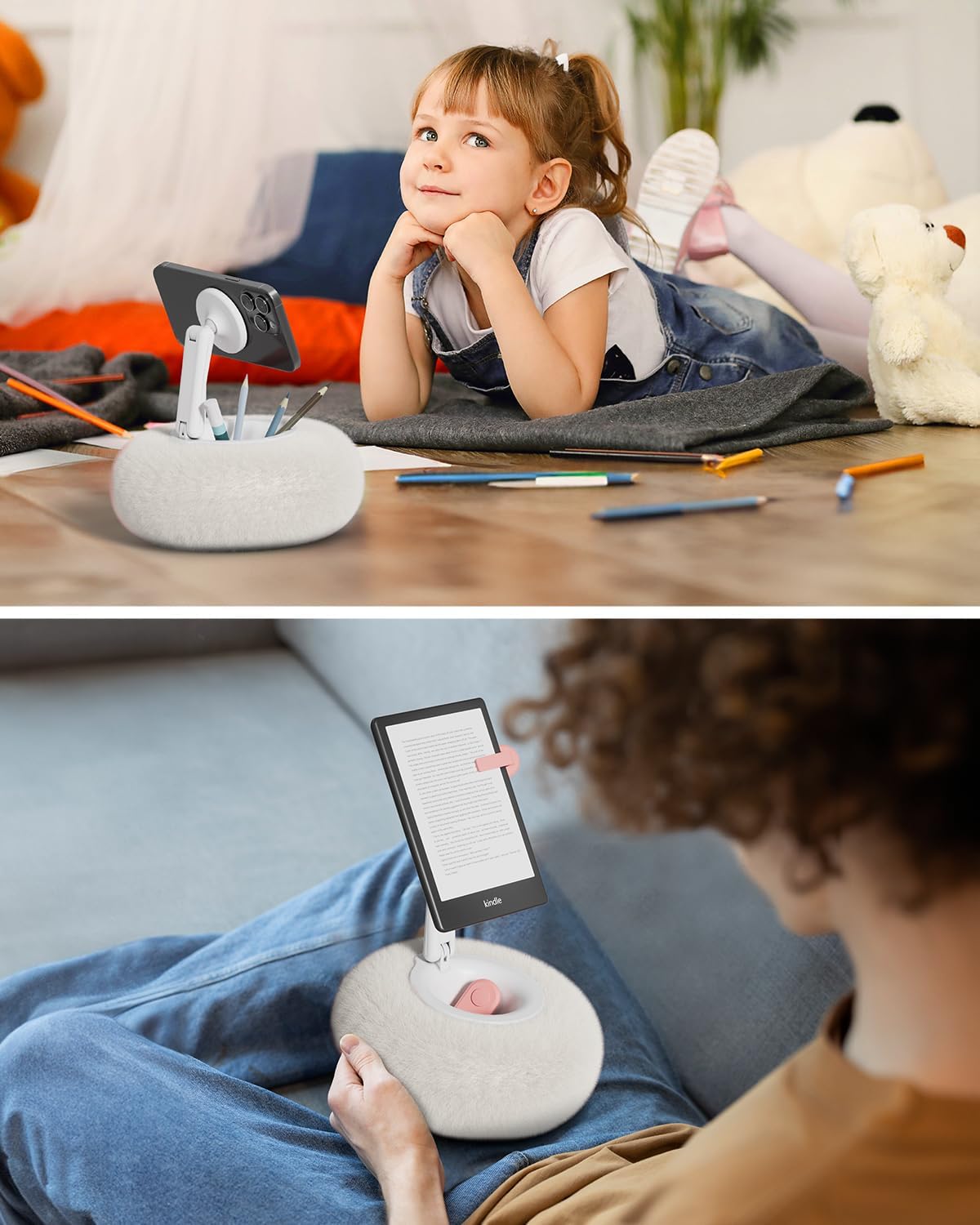 Viozon Phone Holder for Bed, Magnetic Pillow Stand, Compatible with 4-7" Phone/Kindle with Small Storage, Removable Suction Base for Stability, Idea for Kindle Reading and Video Watching On Bed,White