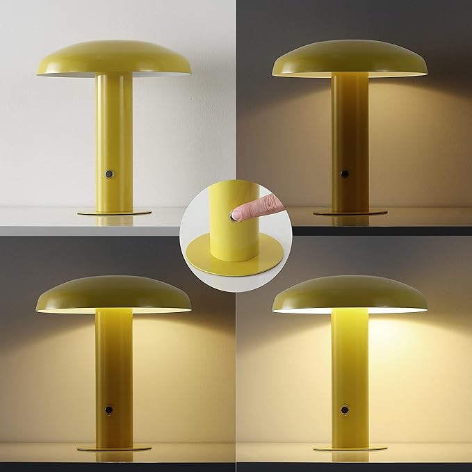 JONATHAN Y 11" Yellow Rechargeable LED Mushroom Table Lamp, Cordless Portable Dimmable Mid-Century Modern Accent Lamp, with Metal Shade, Touch Sensor (JYL7114C)