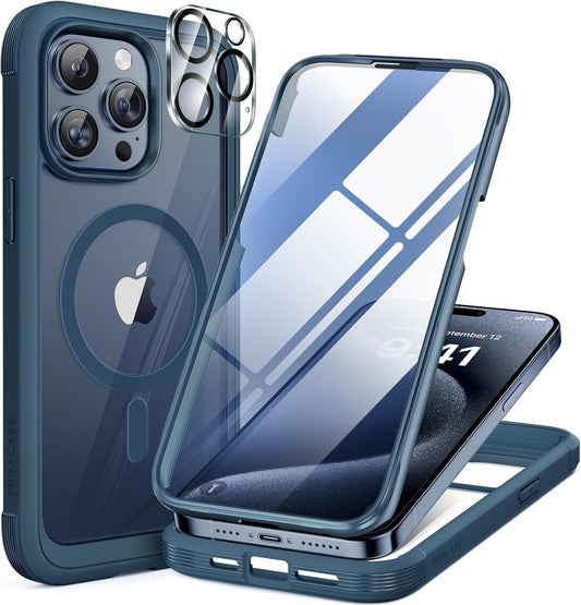 Miracase Magnetic for iPhone 15 Pro Case [Compatible with MagSafe] Full-Body Phone case with Built-in Glass Screen Protector& Camera Protector, Military Drop Proof 15 Pro Cover 6.1 inch, Storm Blue