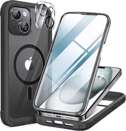 Miracase Magnetic for iPhone 15 Plus Case 6.7'' [Compatible with Magsafe] only for 15 Plus Phone Case Cover with Built-in 9H Tempered Glass Screen Protector,Magnetic Black
