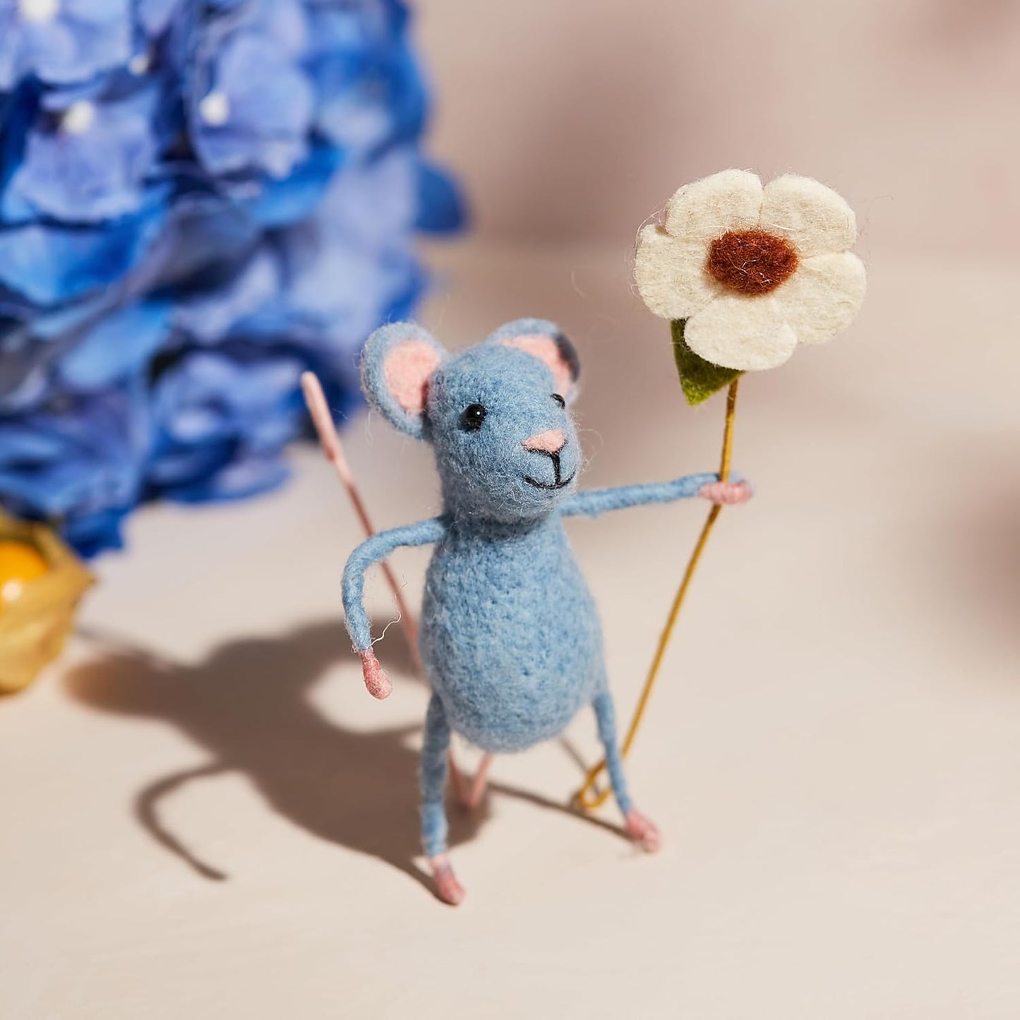 | Hand-Felted Pretty Blue Mouse with Flower | Organic Wool Home Decor | Fair Trade Plush Animal Ornament | Gift for Any Occasion | Perfect for New Spaces & Home Accessories