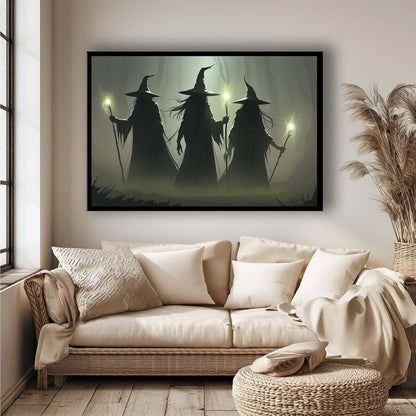 JFHCQJPK Vintage 3 witches canvas wall decor melancholy dark Halloween poster wall decor holding a staff print Gothic horror Halloween painting print for living room bedroom8x12in Metal blackFramed