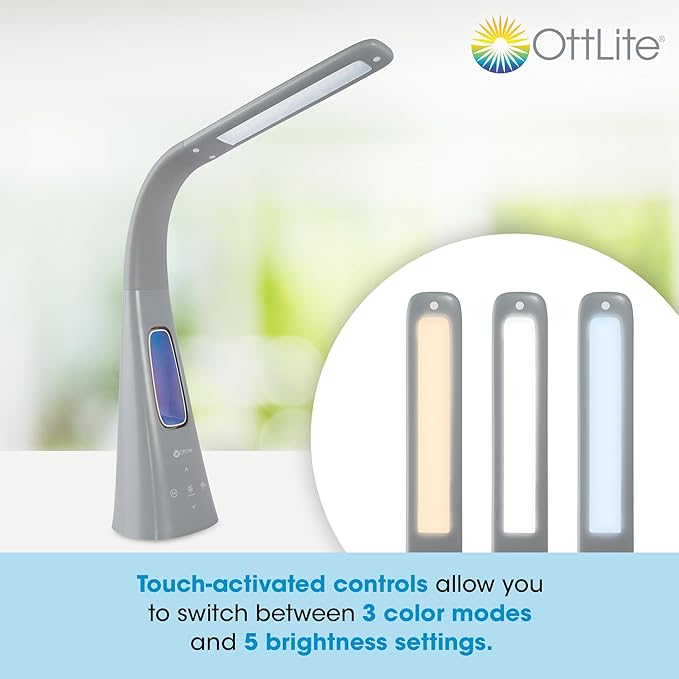 OttLite Cool Breeze LED Lamp with Fan (Gray) - 3-Speed Bladeless Fan & 5 Brightness Settings with Touch Activated Controls, Energy-Efficient Natural Daylight LEDs for Home Office, Desk, & Dorms