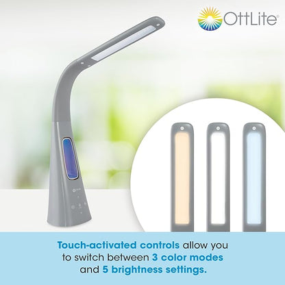 OttLite Cool Breeze LED Lamp with Fan (Gray) - 3-Speed Bladeless Fan & 5 Brightness Settings with Touch Activated Controls, Energy-Efficient Natural Daylight LEDs for Home Office, Desk, & Dorms