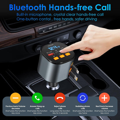 Retractable Car Charger,5 in 1 Fast Car Phone Charger 90W,Bluetooth 5.3 FM Transmitter Adapter,Handsfree Call,2 Retractable Cables and USB Cars Chargers for iPhone 15/14/13 (Black)