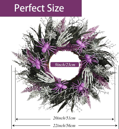 Halloween Decorations, Halloween Wreaths for Front Door 20", Purple Spiders Silver Skeleton Hands Black Leaves Halloween Decor for Doors Porch Wall, Gothic Party Horror Room Decor