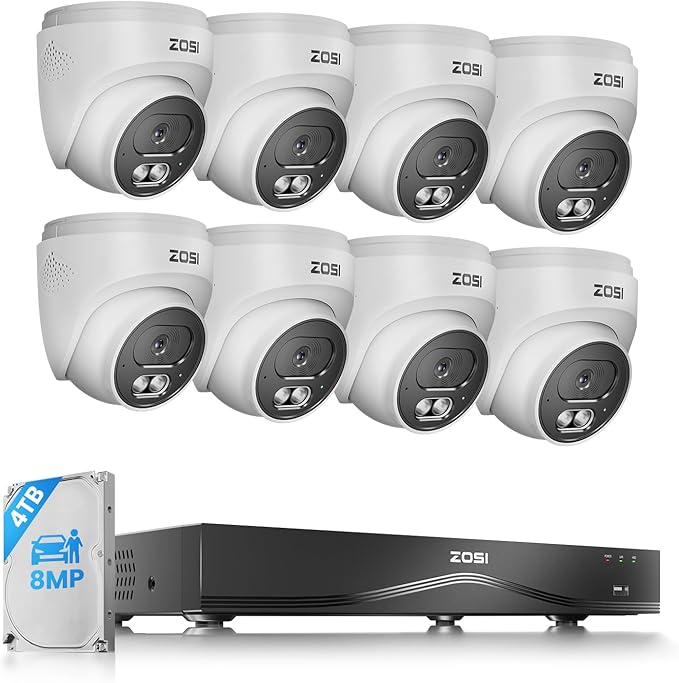 ZOSI C220 4K 8MP 16CH POE NVR Security Camera System (32CH Expandable), 8 x 8MP PoE IP Cameras Outdoor Indoor, 24/7 Recording, AI Human/Vehicle/Face Detection, Two-Way Talk, Night Vision, 4TB HDD