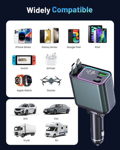 4 in 1 Retractable Car Charger with RGB Light, 92W Fast Charging USB C Car Adapter, Compact Car Phone Charger for iPhone/Galaxy/Pixel, Car Accessories for Women Men (Lightning + Type C Cable)