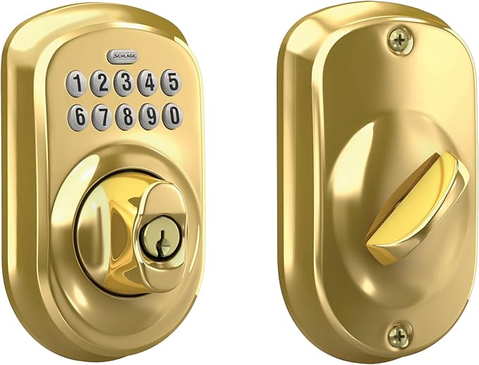 Schlage BE365 V PLY 505 Plymouth Keypad Deadbolt, Electronic Keyless Entry Lock, Bright Brass