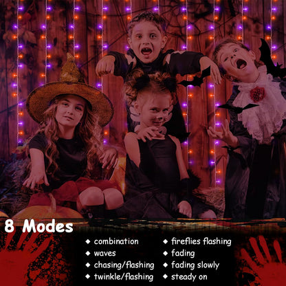 echosari Halloween Curtain Lights Battery Operated, 300 LED Purple Orange Fairy Curtain Lights 9.8Ft x 9.8Ft Hanging Lights with Remote Timer for Party Garden Yard Decor