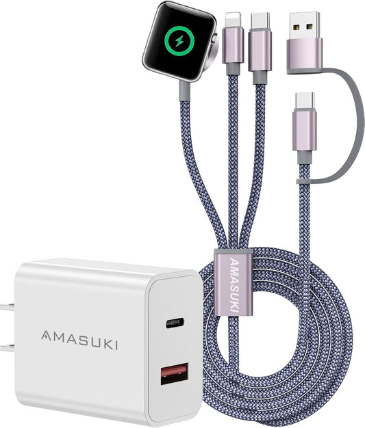 Multi Charging Cable for Apple Watch Charger iPhone Charger PD20W USB C/A Block Fast Charging Compatible with iWatch Ultra/SE/10/9/8/7/6/5/4/3/2/1 & iPhone 16/15/14/13/12/Galaxy S23-4FT