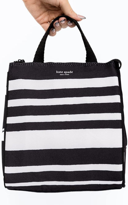 kate spade new york Portable Soft Cooler Lunch Bag, Thermal Tote with Insulated Interior Lining and Storage Pocket, Lunch Tote for Women, Sarah Stripe (Black/White)