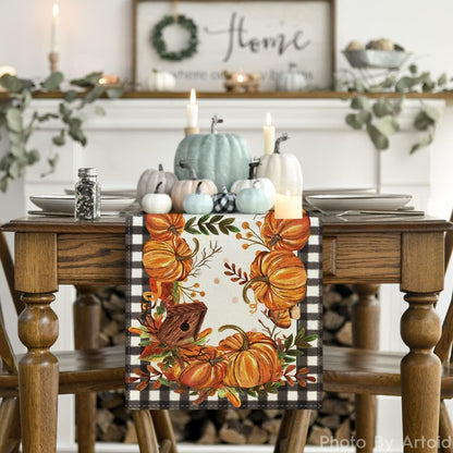 Artoid Mode Buffalo Plaid Pumpkins Mushrooms Birdhouse Leaves Table Runner, Seasonal Fall Harvest Vintage Kitchen Dining Table Decoration for Indoor Outdoor Home Party Decor 13 x 48 Inch