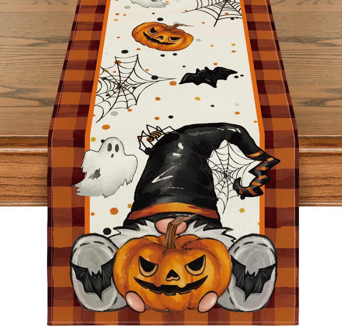Artoid Mode Orange Black Buffalo Plaid Gnome Bat Pumpkin Ghost Halloween Table Runner, Sensonal Kitchen Dining Table Decor for Home Party 13 x 72 Inch