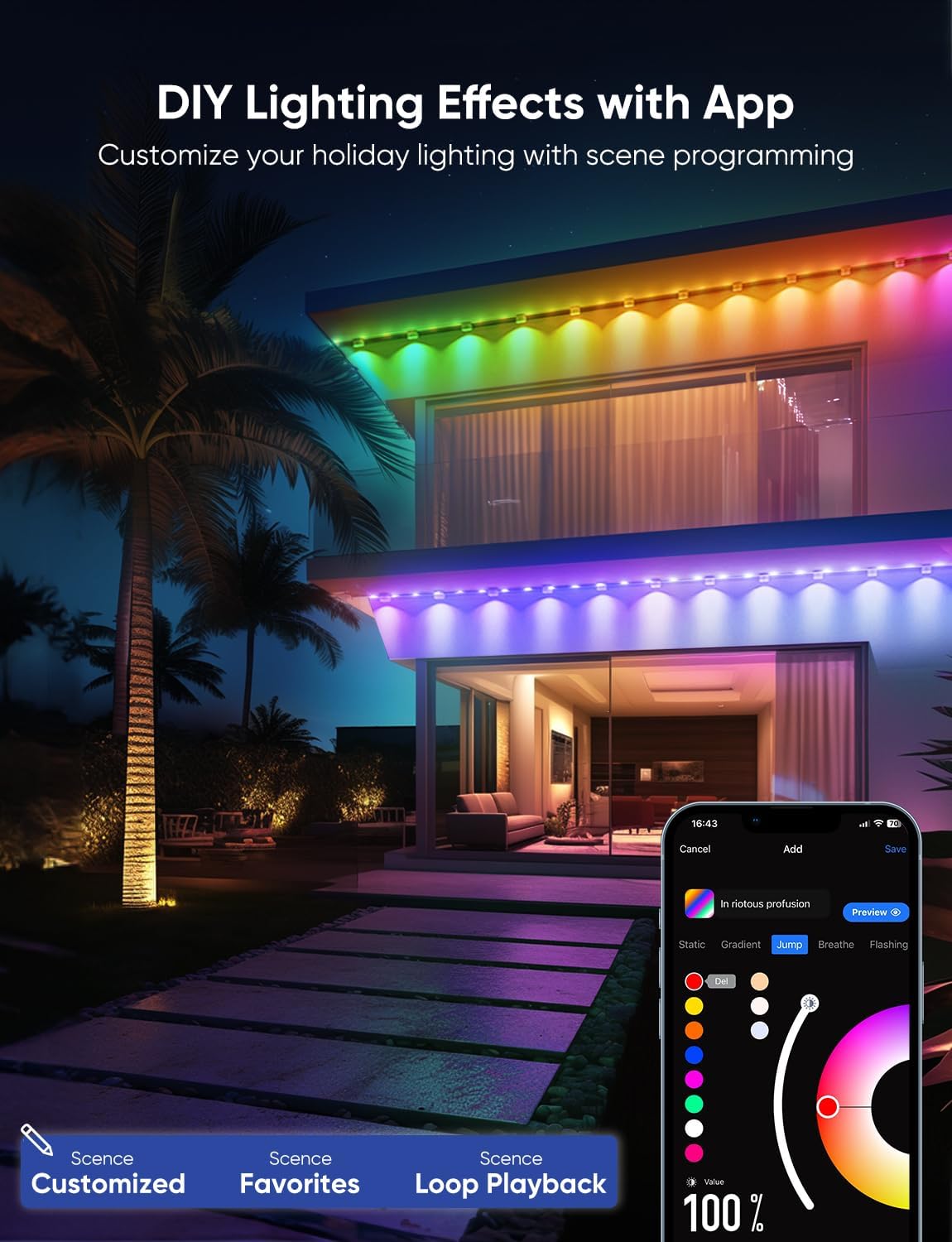 Permanent Outdoor Lights Pro 200ft, RGBCW Smart Eaves Lights with 144 LED Lights, Dual Lens, Cuttable, 111 Scene Modes, IP67 Waterproof Lighting for Holiday Decoration, Work with Alexa, Black