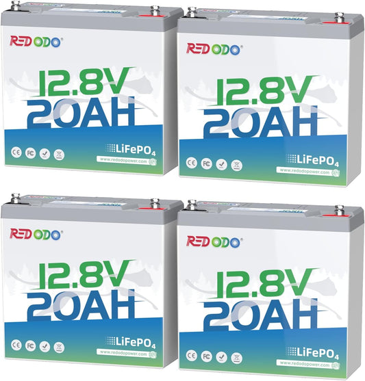 Redodo 12V 20Ah LiFePO4 Battery, 4000+ Deep Cycles Lithium Battery with 20A BMS, 256Wh Energy, Perfect for Kayak Finshfinder, Ice Fishing, GPS, Camping, 4 Pack