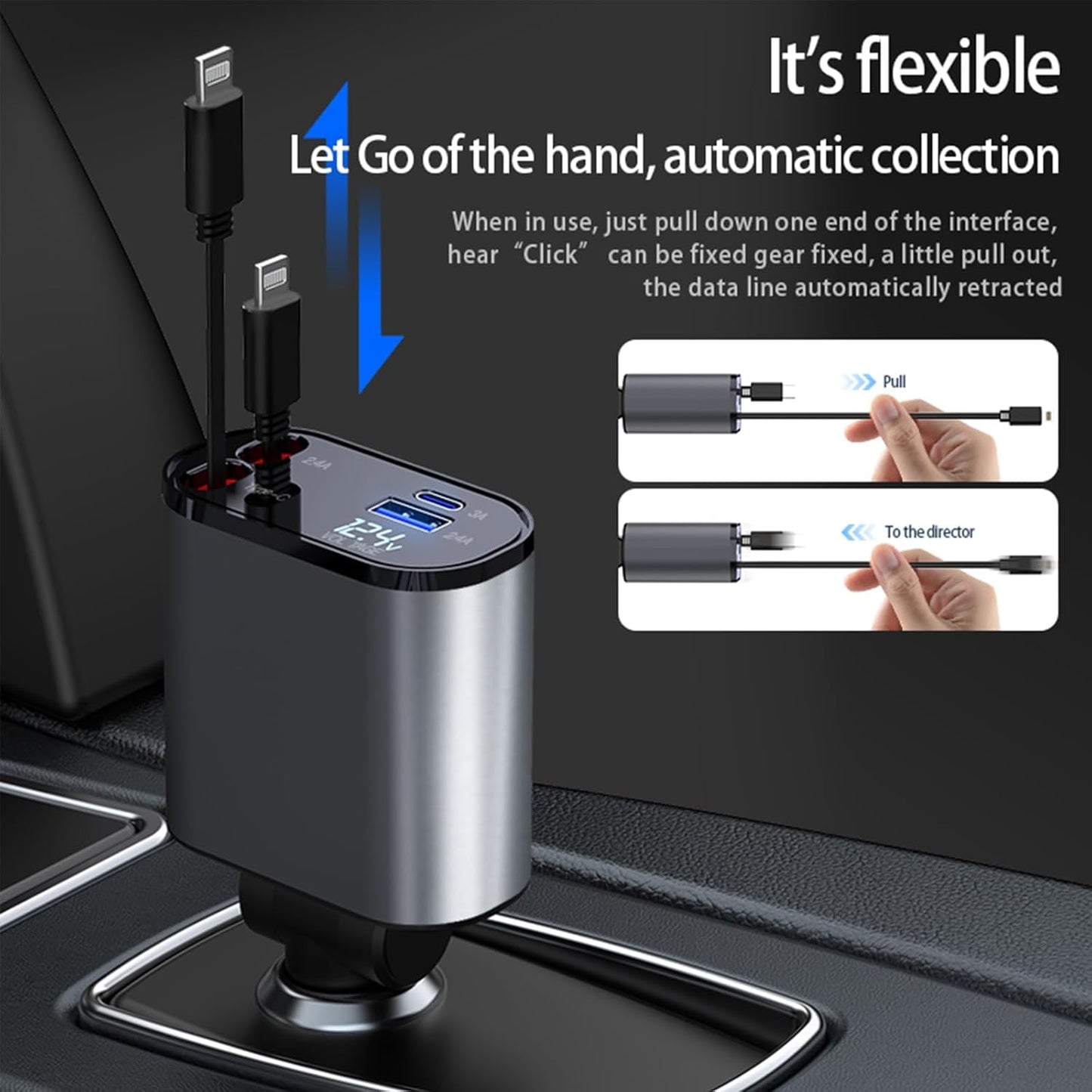 Retractable Car Charger，4 in1 Fast Car Phone Charger with Dual Retractable Cables and 2 Charging Ports (Dual Lightning Retractable Cords)