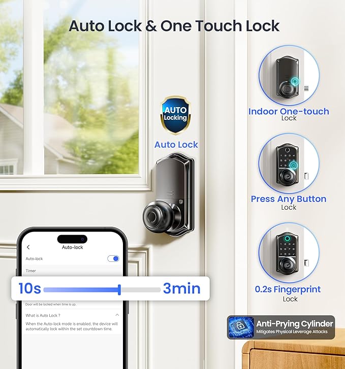 Veise VE018 Smart Knob Handle Lock - Fingerprint, App Control, Keyless Entry for Front Door and Bedroom, Electronic Digital Keypad, Auto Lock, Remote Access Sharing, IP55 Weatherproof, Matte Black