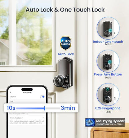Veise VE018 Smart Knob Handle Lock - Fingerprint, App Control, Keyless Entry for Front Door and Bedroom, Electronic Digital Keypad, Auto Lock, Remote Access Sharing, IP55 Weatherproof, Matte Black