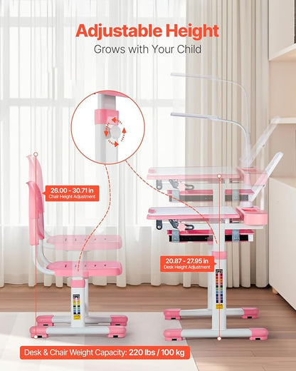 VEVOR Kids Study Desk and Chair Set, Learning Table and Chair for Kids with Table Lamp, Adjustable Height & 0-40° Tilted Desktop Toddler Desk and Chair, Table for Bedroom & Study Room, Pink