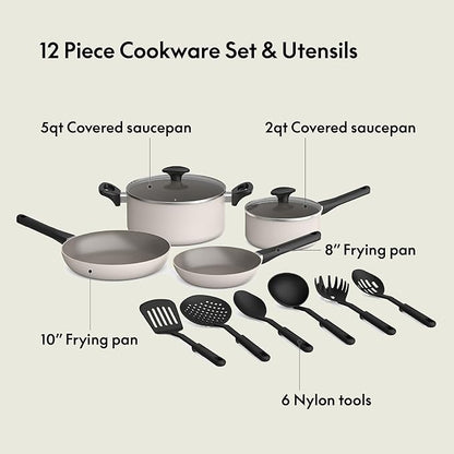 bella 12 Piece Cookware Set with EverGood™ Ceramic Nonstick Coating, Dishwasher & Oven Safe, All Stovetops Compatible, Tempered Glass Lids and Cool Touch Handles, Oatmilk
