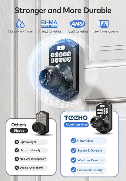 TEEHO TE003 Keyless Entry Keypad Door Lock with Handle, Electronic Digital Smart Locks for Front Door, Smart Door Knob with Code for Bedroom, Auto Lock, Passage Mode, Easy to Install, Matte Black