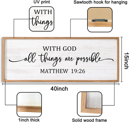 With God All Things are Possible Framed Wall Art, 40''×15'' Positive Religious Rustic Bible Verse for Christian God Jesus Christ Prayer, Vintage Horizontal Holy Inspirational Catholic Scripture Decor