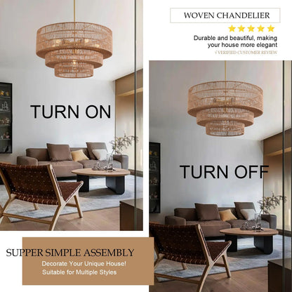 Boho Rattan Chandelier, 6-Light Dining Room Light Fixture,23.62" Wicker Pendant Lighting with3-Tier Woven Lampshade, Large Farmhouse Chandeliers for Kitchen