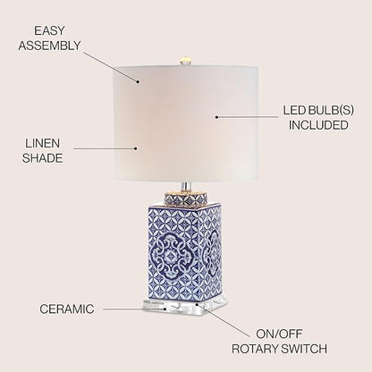 JONATHAN Y 23" Blue and White Chinoiserie Ceramic Table Lamp, Traditional Hand-Painted Bedside Lamp for Living Room Bedroom, White Linen Drum Shade, LED Bulb Included JYL3006A