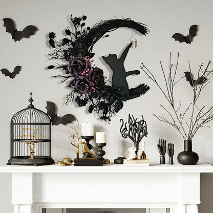 Halloween Wreaths for Front Door with Light, Black Cat on Moon Garland with Rose Wreath Decor, Halloween Decorations Crescent Moon Wreath for Home Party Window Wall Indoor Outdoor (black flower)
