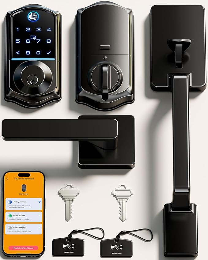 Veise VE017-D Smart Fingerprint Front Door Lock Set, App Control, 8-in-1 Keyless Entry Deadbolt with Lever Handle, Touchscreen Keypad, IP55 Weatherproof, Auto Lock, Easy Install, Matte Black