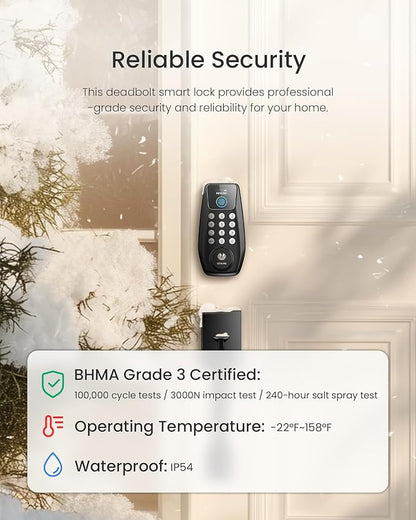 DESLOC C110 Keyless Entry Door Lock with Handle Set&Display (Smart Screen), Fingerprint Door Locks, Keypad Deadbolt, Auto-Lock, Backlit Keys, Passage Mode, IP54 Waterproof