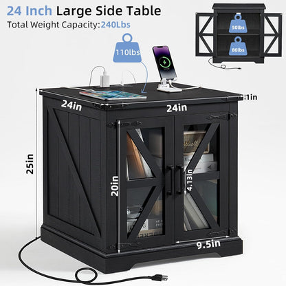 24" End Table Set of 2 with Charging Station, Farmhouse Night Stand with Glass Barn Door, Nightstands with Adjustable Storage Shelf, Large Wood Square Bed Side Table for Living Room,Bedroom