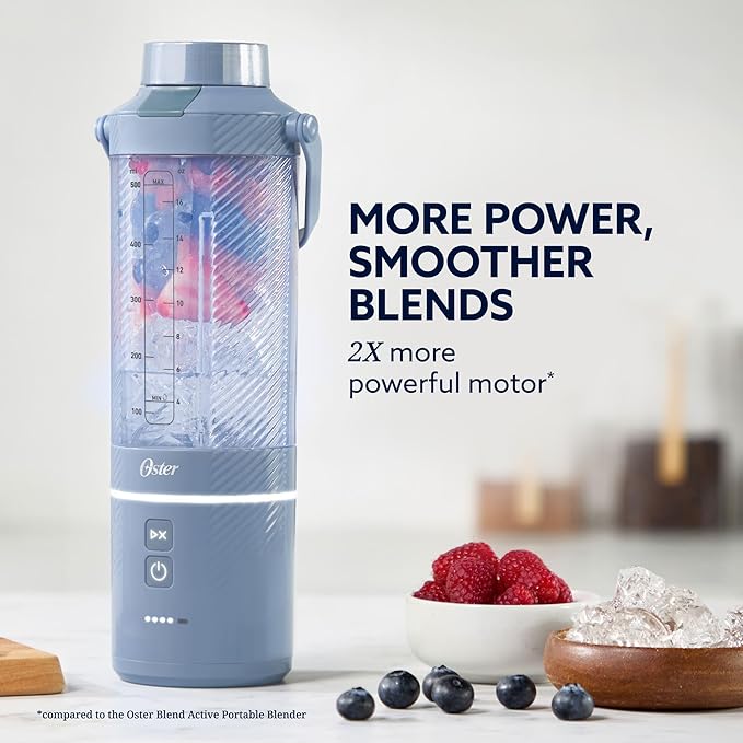 Oster – GoMax 20oz Portable Blender, Anti-Jam Reversible Blade, Detachable Travel Cup - Blue