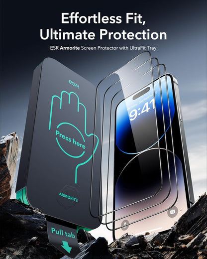 ESR 3 Pack 9H+ Glass for iPhone 14 Pro Screen Protector, [Military Grade Shatterproof & Longest Durable] Armorite Ultra-tough Full Coverage Tempered Glass with UltraFit Tray