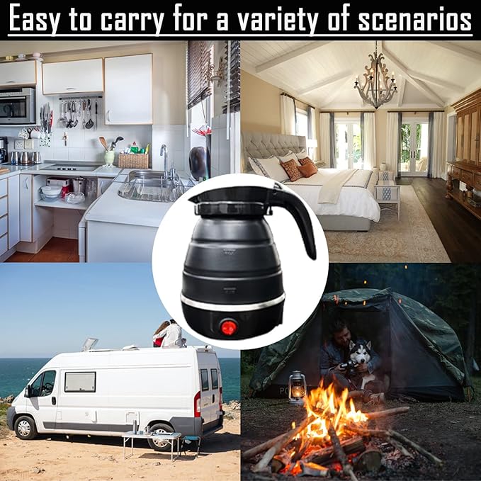Travel Kettle Electric Small Foldable Portable Kettle,Silicone Collapsible Heating Water Boiler Tea Pot for Camping,Easy for Storage with Separable Power Cord (Black)