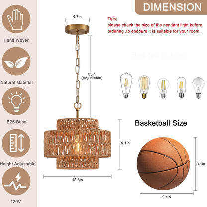 12.6" Hand-Woven Rattan Pendant Light Fixture Vintage Farmhouse Boho Bamboo Pendant Lighting Mini Drum Wicker Rattan Golden Chandelier for Kitchen Island, Bedroom, Dining Room, Entryway, Foyer