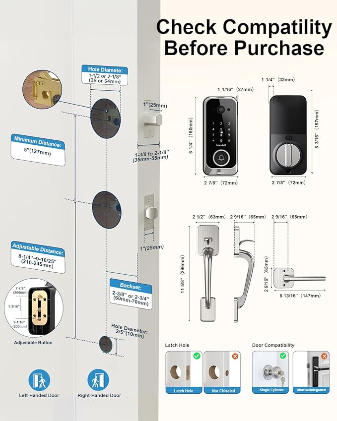 Smart Front Door Lock Sets: 2K HD Camera Lock with Doorbell Kits, Hornbill Fingerprint Keyless Entry Door Lock with Handles, WiFi Deadbolt(only 2.4G) for Remote Control, APP/Alexa/PIR,Satin Nickel
