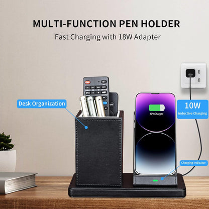 Wireless Charger with Desk Organizer, Wireless Charging Station for iPhone 13/13 Pro Max/13 Pro/12 Series/11/XS Max/XR/X/8Plus/SE 2, Wireless Charging Stand with Leather… (Black)
