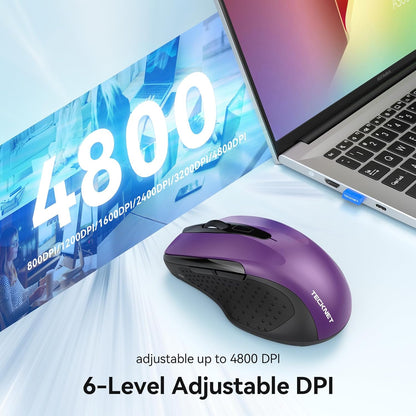TECKNET Rechargeable Jiggler Wireless Mouse (BT5.0/3.0 & 2.4G) 4800 DPI Silent USB A & Bluetooth Mouse 6 Buttons, Wide Compatibility - Purple