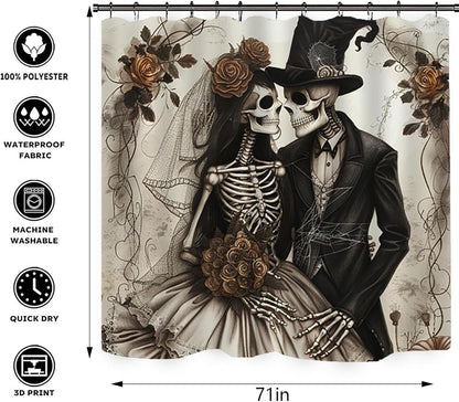 NEWSUYAA Halloween Decorations Shower Curtain Set with Non-Slip Rugs and Bath Mats,Black Skull Skeleton Bathtub Curtains with 12 Hooks,All Saints'Day (Nov 1st) Bathroom Decor